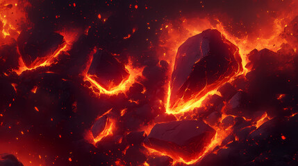 Close-up of glowing red coals displaying intense warmth and energy, perfect for capturing the essence of heat, passion, and fiery ambiance. Ember. Illustration