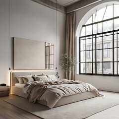 Stylish Loft Bedroom with Minimalist Scandinavian Design and Spacious Layout.Modern Loft Bedroom with Big Bed and Minimalist Scandinavian Style