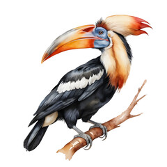 Obraz premium Vibrant Watercolor Illustration of a Great Hornbill Perched on a Branch