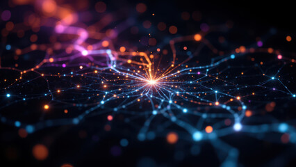 Dynamic neural network visual with colorful nodes and connections, symbolizing artificial intelligence and data flow.
