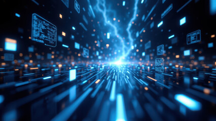 Fototapeta premium Futuristic digital scene with floating data particles representing a networked virtual space.