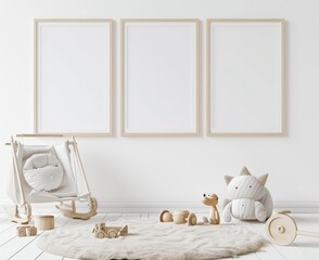 Three empty picture frames hanging on a white wall in a nursery with wooden toys and a rocking chair
