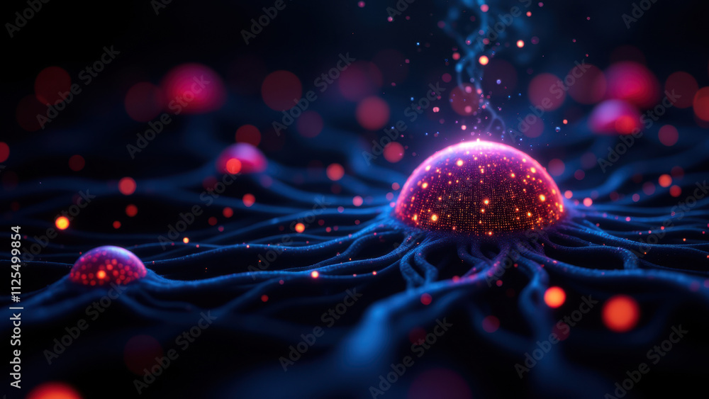 Aufkleber rag-generated microscopic view of neural network with glowing red nodes on a dark background.