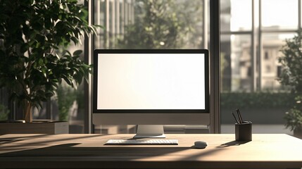 Fototapeta premium Modern Workspace Featuring Blank Computer Screen and Plants