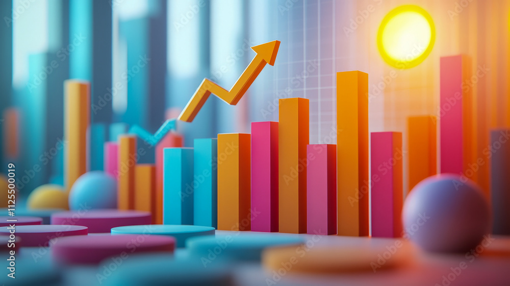 Poster colorful 3d bar graph with rising arrow and sunlight in business setting