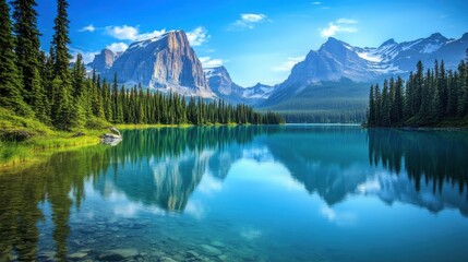 Fototapeta premium Mountain lake reflecting stunning peaks and clear blue sky.