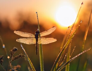 dragonfly close-up perched on a blade of grass at dawn, its translucent wings glistening with tiny dewdrops and a soft, blurred background of sunrise colors