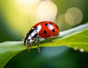 Fototapeta premium ladybug vibrant macro shot of a red bug crawling on a green leaf, with its glossy shell and delicate legs sharply focused against a soft bokeh background