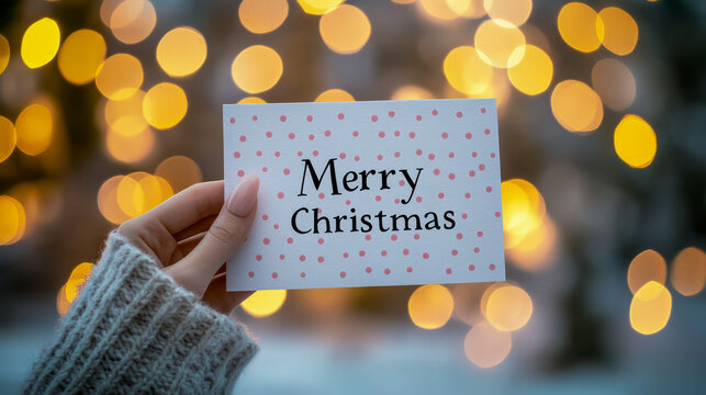 Female hand holding merry christmas card with festive lights in background
