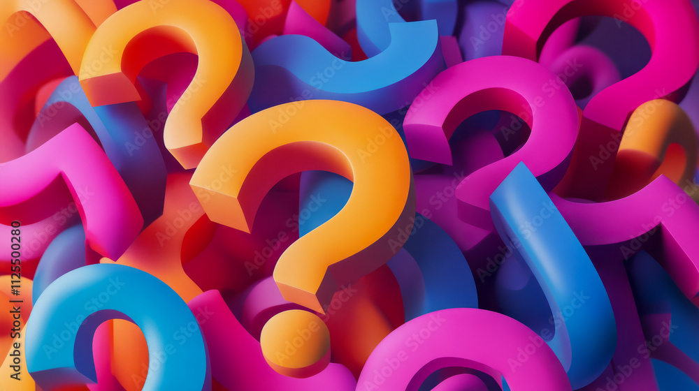 Poster vibrant colorful question marks in a dynamic abstract arrangement