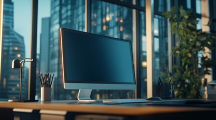 Fototapeta premium Modern Computer Setup In A City Office Space