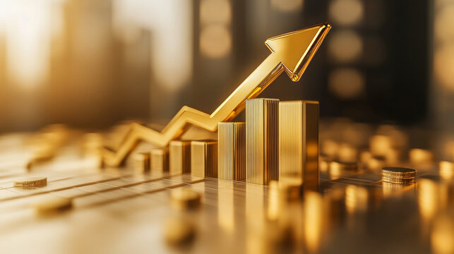 Golden arrow and bar graph representing financial growth and success - Powered by Adobe