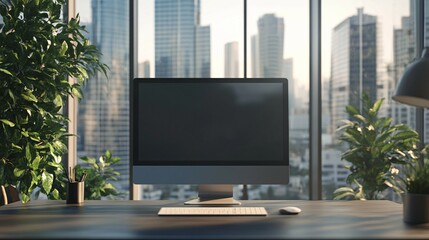 Fototapeta premium Modern Office Workspace With Computer And Plants