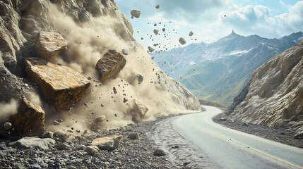 Rocks falling from the hill, blocking the passable road for vehicles. An accident on the road occurred when the rocks began to fall due to an earthquake.