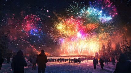 Colorful fireworks display over snowy landscape at night, viewed by crowd.