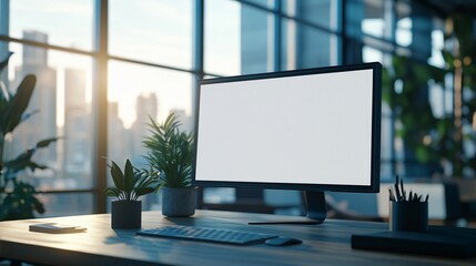 Fototapeta premium Modern Office Workspace with Blank Computer Screen