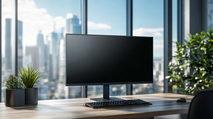 Fototapeta premium Modern Computer Setup In A City Office Workspace