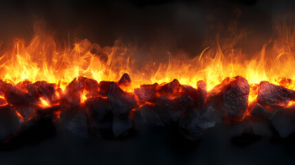 A line of burning coal glows with intense flames against a dark background, highlighting the contrast between the fiery orange and the charcoal black. Ember. Illustration
