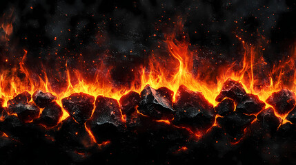 A line of burning coal glows with intense flames against a dark background, highlighting the contrast between the fiery orange and the charcoal black. Ember. Illustration