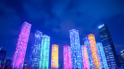 Obraz premium Vibrant neon cityscape with illuminated skyscrapers at night