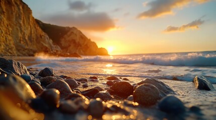 Obraz premium Golden sunset over a dramatic rocky coastline with waves splashing against the rugged rocks, reflecting warm hues on the water, surrounded by clouds and tranquil seascape