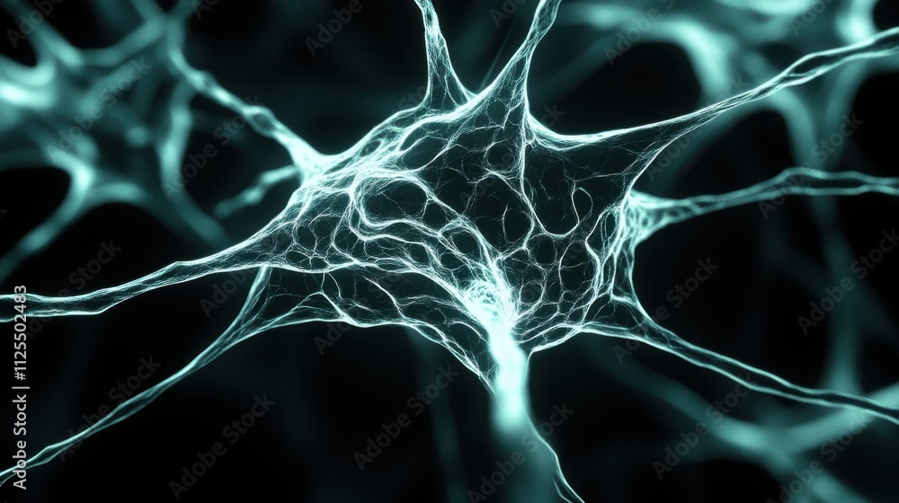 Poster abstract visualization of interconnected neural networks with glowing synapses on a dark background,