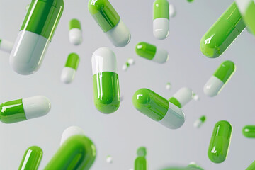 Green pills and capsules floating in the air against a white background, illustrating medicine, and pharmaceutical concepts.