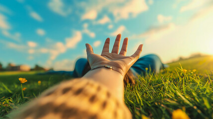 A woman's hand raised high, enjoying nature and her surroundings, while lying in the grass and basking in the beautiful sunny day.