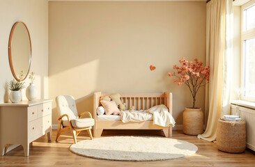 Modern interior of children room beige color, playroom in house. AI Generative