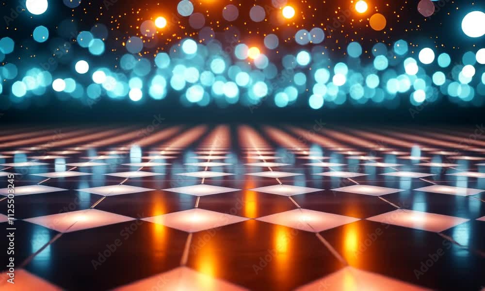 Poster abstract background with bokeh lights and geometric floor.