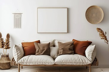 A minimalist living room with a white sofa. boho decor. and a large empty frame for artwork