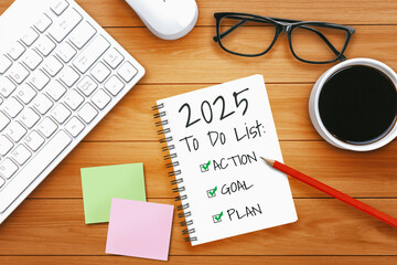 2025 Happy New Year Resolution Goal List and Plans Setting - Business office desk with notebook...