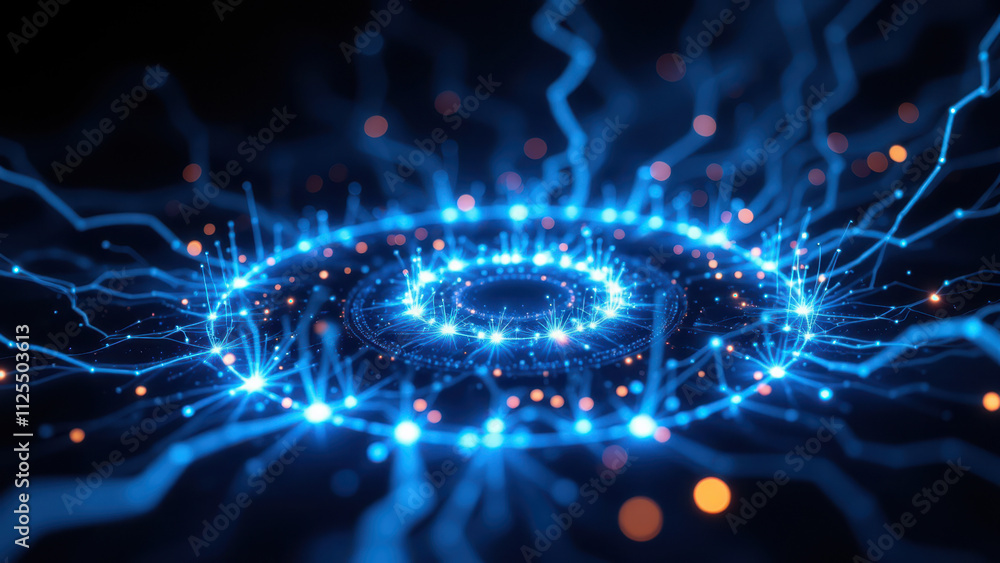 Poster a vibrant digital visualization showcasing a brain-like network with blue lights, representing rag, 