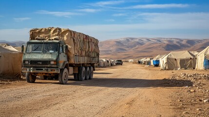 Aid Truck Delivers Supplies to Refugee Camp in the Desert