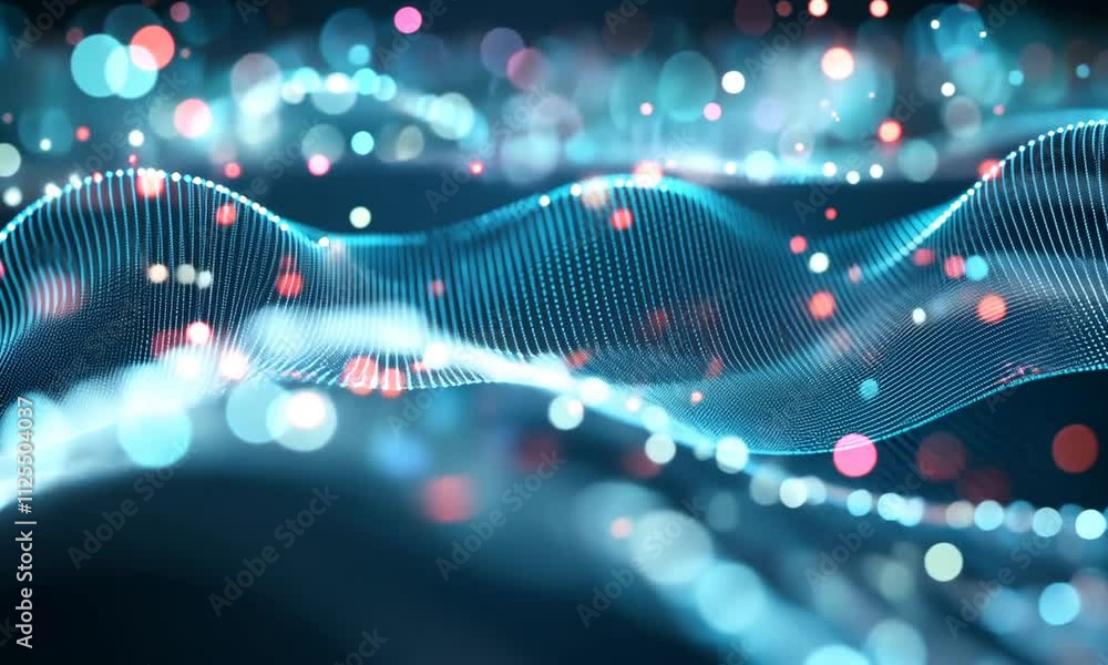 Poster abstract digital wave: a mesmerizing display of vibrant, glowing particles forming a dynamic wave pa