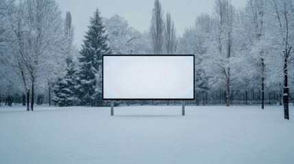 Fototapeta premium Blank billboard in snowy winter landscape with trees