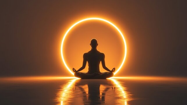 Person meditating in lotus position inside glowing neon circle