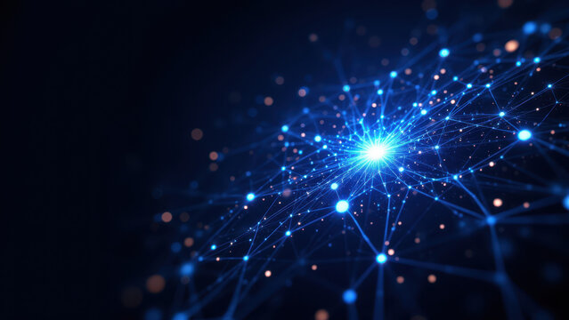 Image showcasing a computer-generated neural network with glowing nodes connected by lines, representing Retrieval Augmented Generation (RAG) technology.