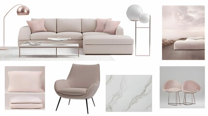 The mood board features a harmonious blend of contemporary furniture and decor, emphasizing a minimalist aesthetic with soft pastels and natural textures. It inspires a serene living space.