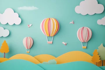 Paper Craft Hot Air Balloons Ascending Over Gentle Hills and Clouds