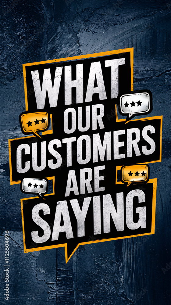 Poster what our customers are saying with bold typography and highlighted speech bubbles on textured blue b