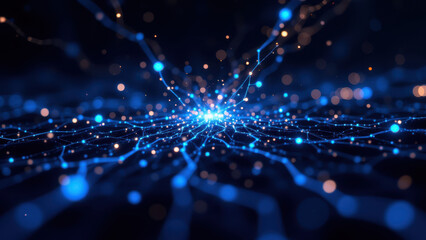 Naklejka premium An intricate network with blue points of light resembling a neural or digital interface.