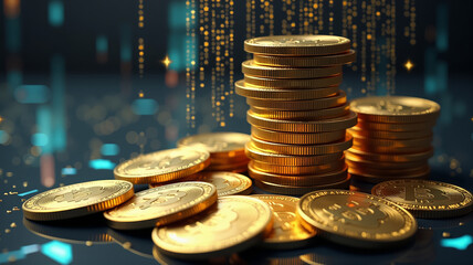 Stacks of golden Bitcoin cryptocurrency coins with digital code background on dark black surface. Blockchain technology, virtual currency, fintech, modern financial innovation, crypto money future.
