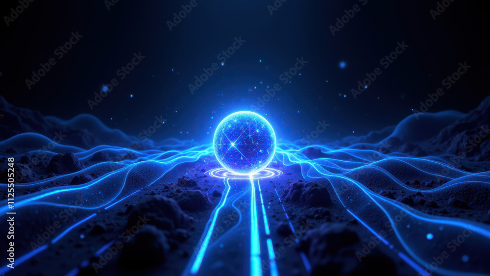 Poster futuristic rag (retrieval augmented generation) technology with blue spherical element surrounded by