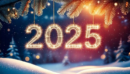Fototapeta na wymiar Sylwestrowe tło z gałązkami świerku, śniegiem i napisem 2025