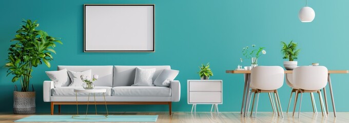 Minimalist living room with a white sofa. two chairs. a table. and a plant in a turquoise blue wall
