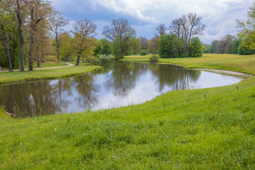 Serene Pond in Lush Spring Landscape