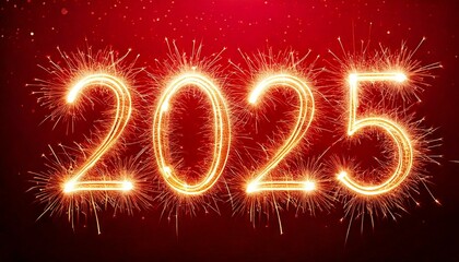 Złoty, świecący napis 2025 wykonany ze światła zimnych ogni na czerwonym tle © Monika