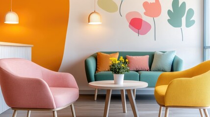 Modern living room interior with colorful furniture and minimalist wall art