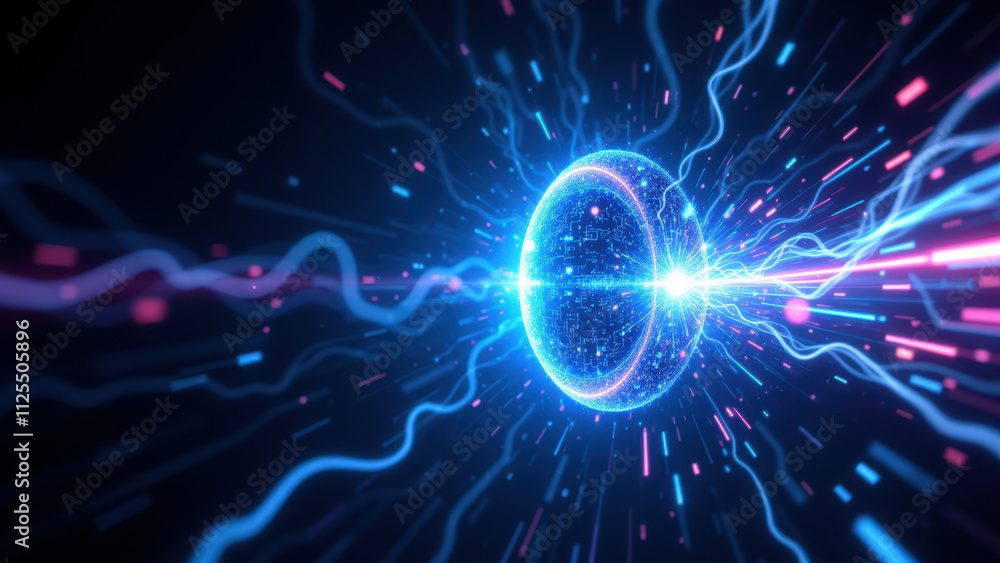 Poster an artistically rendered futuristic vortex with vibrant light beams and a central sphere, symbolizin